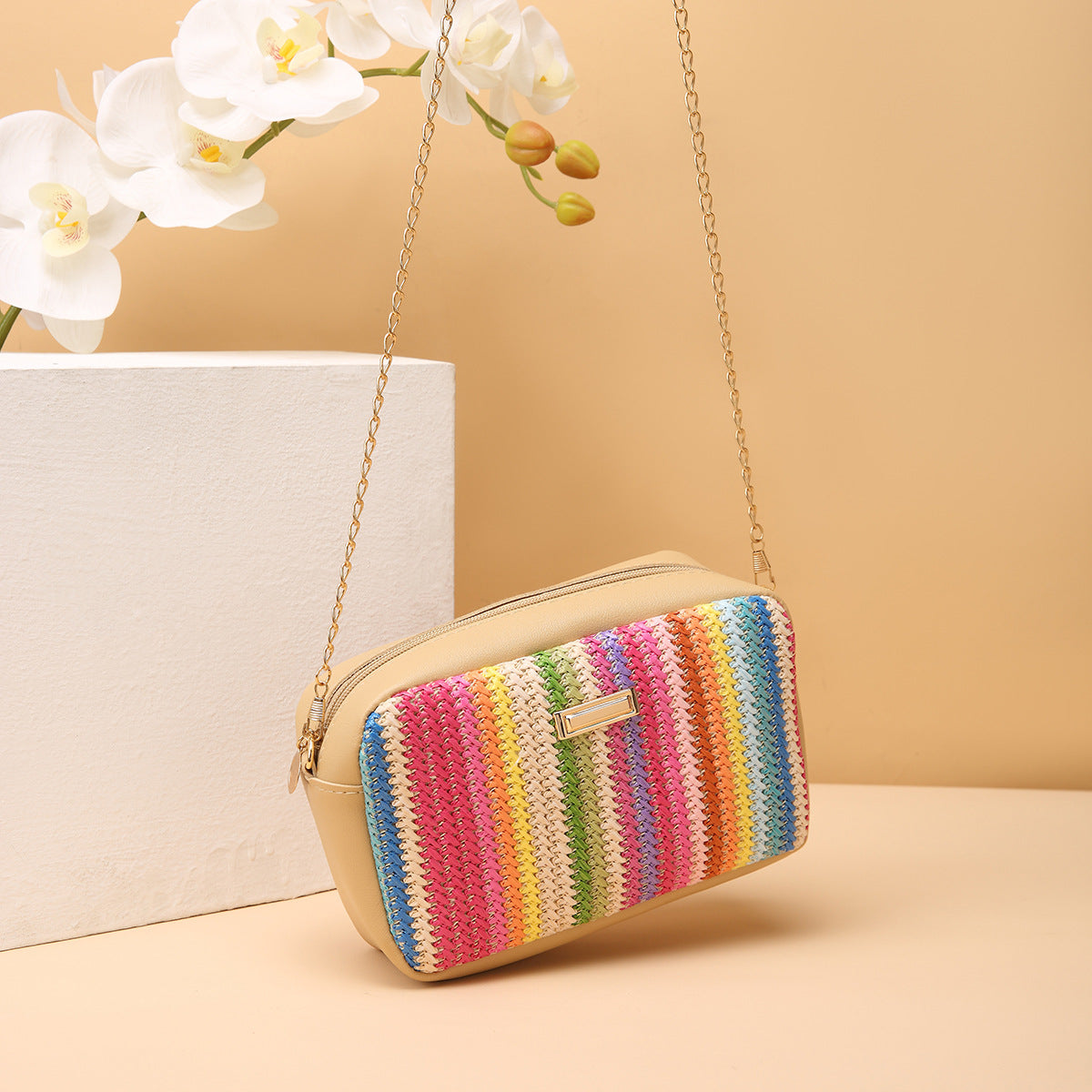 Color Straw Bag 2025girl Handbags Woven Camera Bag All-match Girl Messenger Bag Rainbow Bag