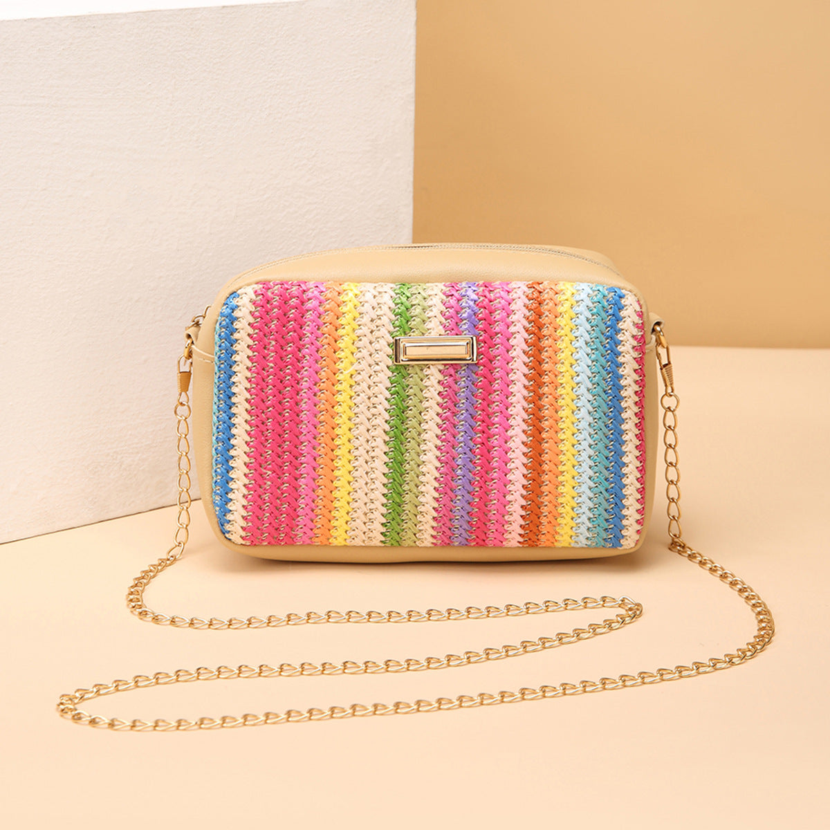 Color Straw Bag 2025girl Handbags Woven Camera Bag All-match Girl Messenger Bag Rainbow Bag