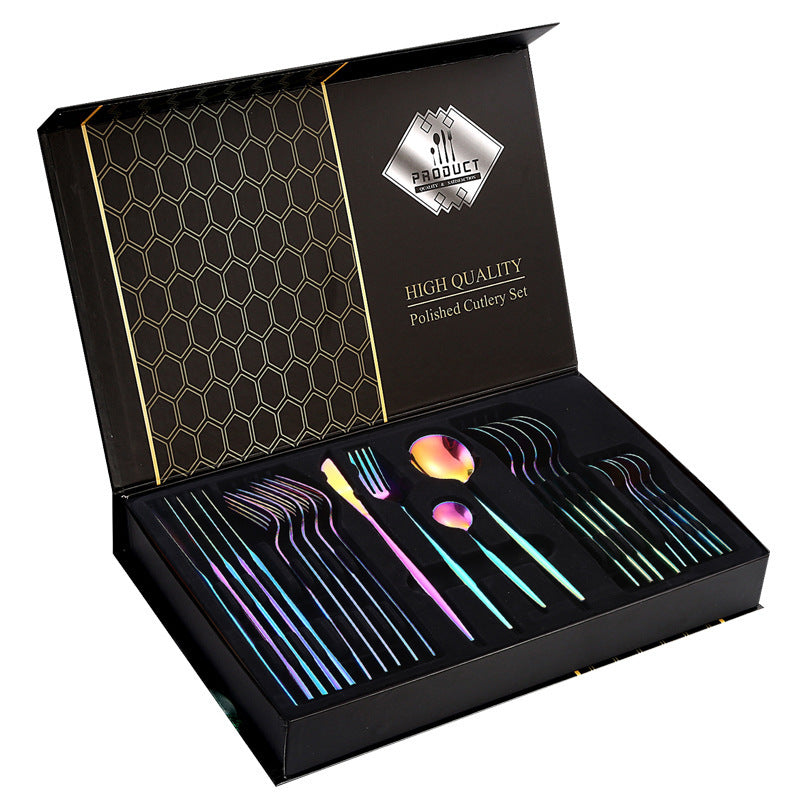 Cross-Border Hot-Selling Portuguese Stainless Steel Tableware 24-Piece Set Golden Western Tableware Steak Knife, Fork And Spoon Gift Box Set