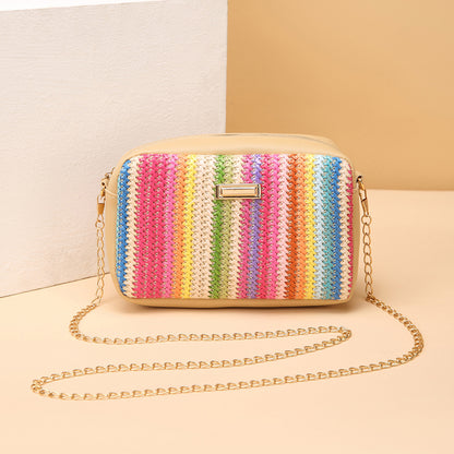 Color Straw Bag 2025girl Handbags Woven Camera Bag All-match Girl Messenger Bag Rainbow Bag